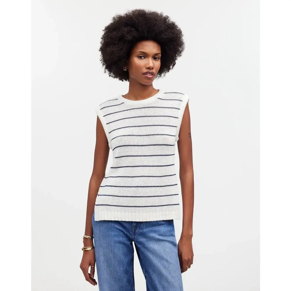 Madewell Puff-Trim Sweater Vest in Stripe Bright Ivory‎ Navy Size XXS NQ977